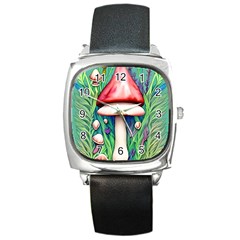 Vintage Forest Mushrooms Square Metal Watch by GardenOfOphir