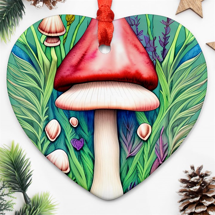 Vintage Forest Mushrooms Heart Ornament (Two Sides)