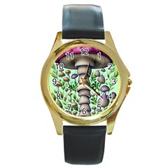 Forest Mushrooms Round Gold Metal Watch by GardenOfOphir