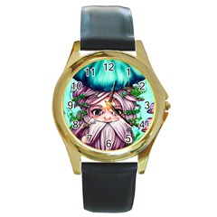 Witchy Forest Mushrooms Round Gold Metal Watch by GardenOfOphir