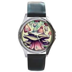 Antique Forest Mushrooms Round Metal Watch by GardenOfOphir