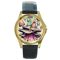 Antique Forest Mushrooms Round Gold Metal Watch by GardenOfOphir