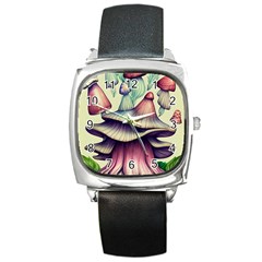 Antique Forest Mushrooms Square Metal Watch by GardenOfOphir