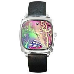 Tiny Forest Mushroom Fairy Square Metal Watch by GardenOfOphir