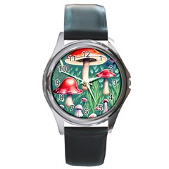 Forest Mushroom Fairy Garden Round Metal Watch by GardenOfOphir