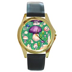 Forest Mushroom Garden Path Round Gold Metal Watch by GardenOfOphir