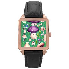 Forest Mushroom Garden Path Rose Gold Leather Watch  by GardenOfOphir