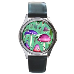 Foraging In The Mushroom Forest Round Metal Watch by GardenOfOphir