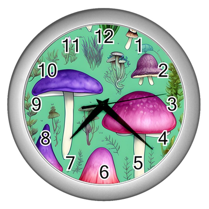 Foraging In The Mushroom Forest Wall Clock (Silver)