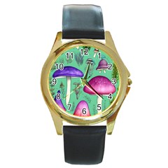 Foraging In The Mushroom Forest Round Gold Metal Watch by GardenOfOphir