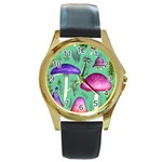 Foraging In The Mushroom Forest Round Gold Metal Watch Front