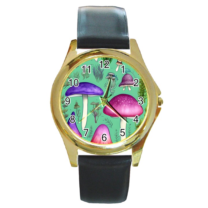 Foraging In The Mushroom Forest Round Gold Metal Watch