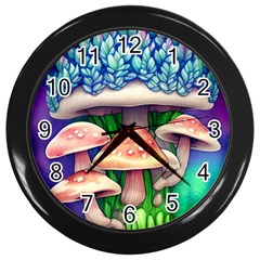 Woodsy Mushroom Forest Nature Wall Clock (black) by GardenOfOphir