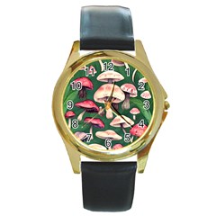 Foraging In The Mushroom Zone Round Gold Metal Watch by GardenOfOphir