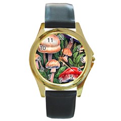 Rustic Mushroom Round Gold Metal Watch by GardenOfOphir