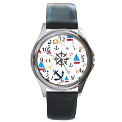 Marine Nautical Seamless Lifebuoy Anchor Pattern Round Metal Watch