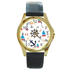 Marine Nautical Seamless Lifebuoy Anchor Pattern Round Gold Metal Watch by Jancukart