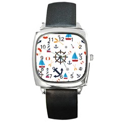 Marine Nautical Seamless Lifebuoy Anchor Pattern Square Metal Watch by Jancukart