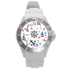 Marine Nautical Seamless Lifebuoy Anchor Pattern Round Plastic Sport Watch (l)