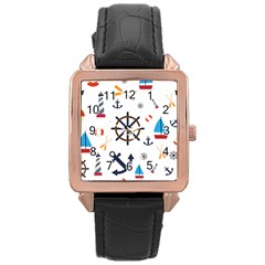 Marine Nautical Seamless Lifebuoy Anchor Pattern Rose Gold Leather Watch  by Jancukart