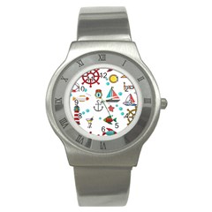 Marine Nautical Seamless Pattern Art Stainless Steel Watch