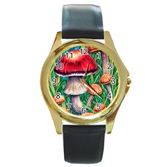 Woodsy Foraging Garden Round Gold Metal Watch by GardenOfOphir