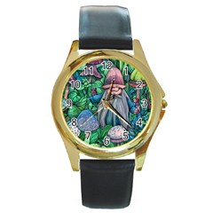 Mushroom Design Fairycore Forest Round Gold Metal Watch by GardenOfOphir