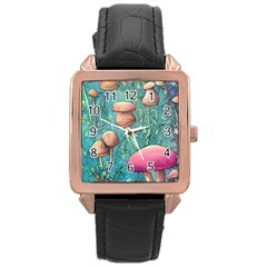 Natural Mushroom Design Fairycore Garden Rose Gold Leather Watch  by GardenOfOphir