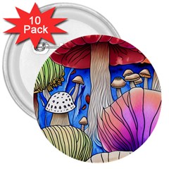 Vintage Mushroom Design Flowery Nature 3  Buttons (10 Pack)  by GardenOfOphir