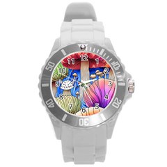 Vintage Mushroom Design Flowery Nature Round Plastic Sport Watch (l) by GardenOfOphir