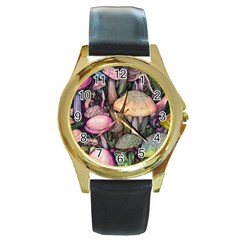 Mushroom Magic Round Gold Metal Watch by GardenOfOphir