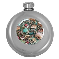 Tiny Forest Mushrooms Round Hip Flask (5 Oz) by GardenOfOphir