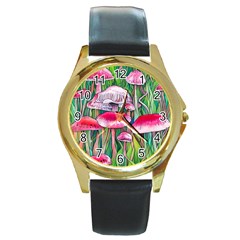 Forest Mushrooms Round Gold Metal Watch by GardenOfOphir