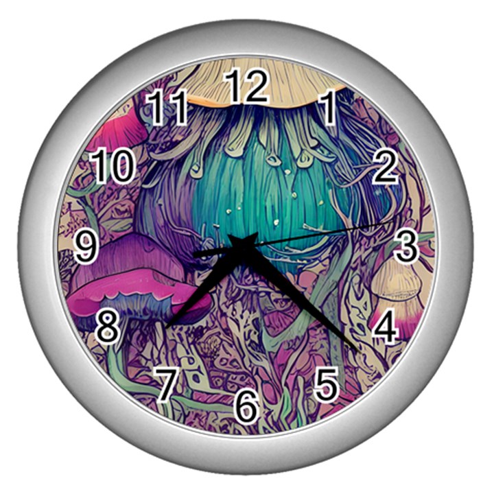 Natural Forest Fairy Mushroom Foraging Wall Clock (Silver)