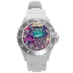 Natural Forest Fairy Mushroom Foraging Round Plastic Sport Watch (L) Front