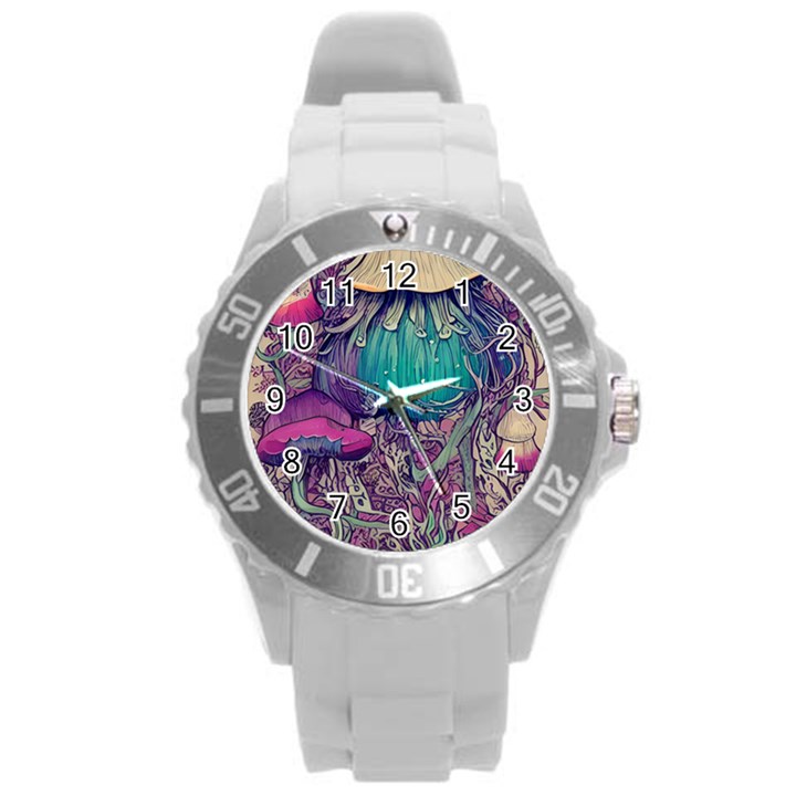 Natural Forest Fairy Mushroom Foraging Round Plastic Sport Watch (L)