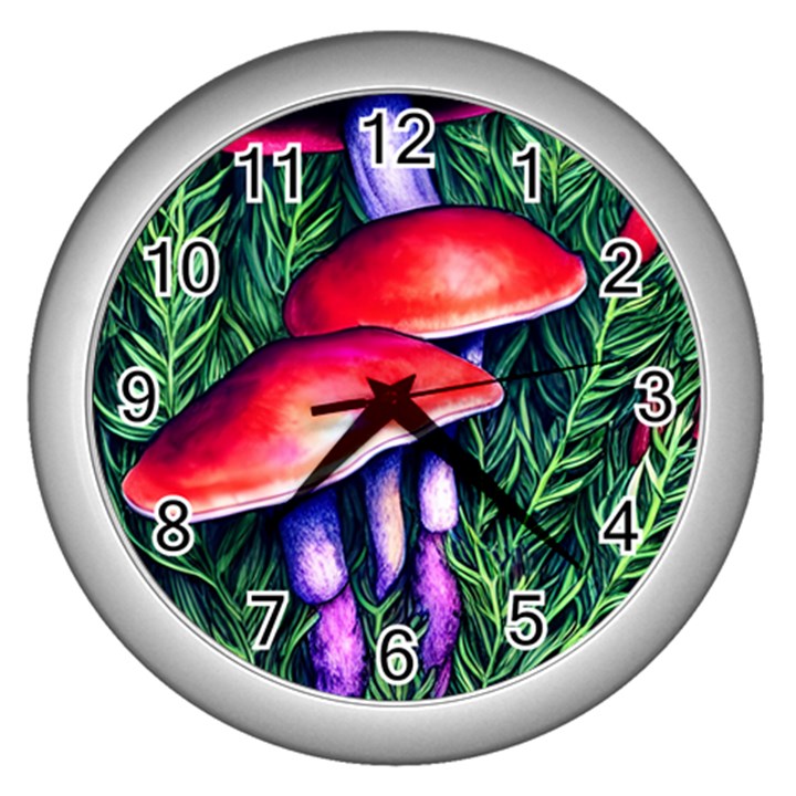 Vintage Flowery Garden Nature Mushroom Wall Clock (Silver)