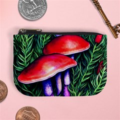 Vintage Flowery Garden Nature Mushroom Mini Coin Purse by GardenOfOphir