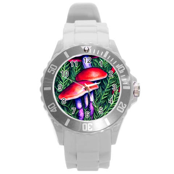 Vintage Flowery Garden Nature Mushroom Round Plastic Sport Watch (L)