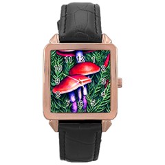 Vintage Flowery Garden Nature Mushroom Rose Gold Leather Watch  by GardenOfOphir