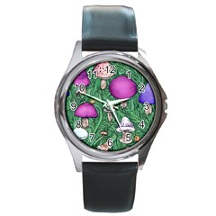 Woodsy Pottery Forest Mushroom Foraging Round Metal Watch by GardenOfOphir