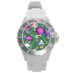 Woodsy Pottery Forest Mushroom Foraging Round Plastic Sport Watch (l) by GardenOfOphir