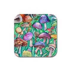 Forestcore Fantasy Farmcore Mushroom Foraging Rubber Square Coaster (4 Pack) by GardenOfOphir