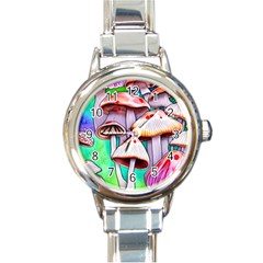 Tiny Mushrooms In A Forest Round Italian Charm Watch by GardenOfOphir