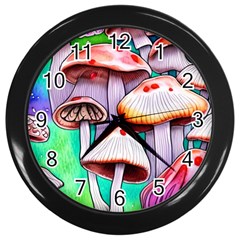 Tiny Mushrooms In A Forest Wall Clock (black) by GardenOfOphir