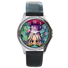 Mushroom Hunting In The Forest Round Metal Watch by GardenOfOphir