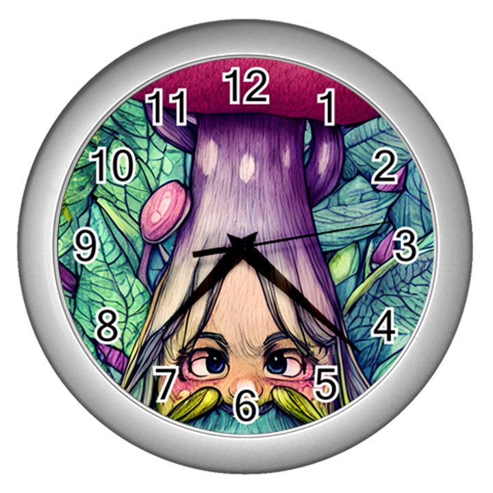 Mushroom Hunting In The Forest Wall Clock (Silver)