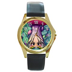 Mushroom Hunting In The Forest Round Gold Metal Watch by GardenOfOphir