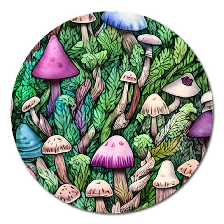 Mushrooms In The Woods Magnet 5  (Round)