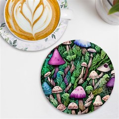 Mushrooms In The Woods Uv Print Round Tile Coaster by GardenOfOphir